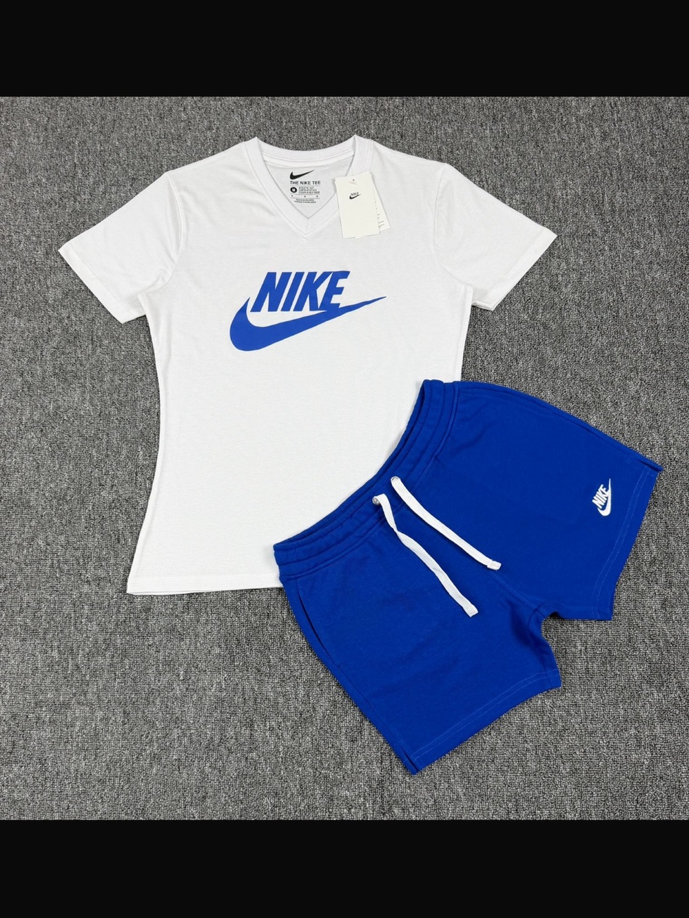Nike White V-Neck Tee with Bright Blue Logo and Shorts